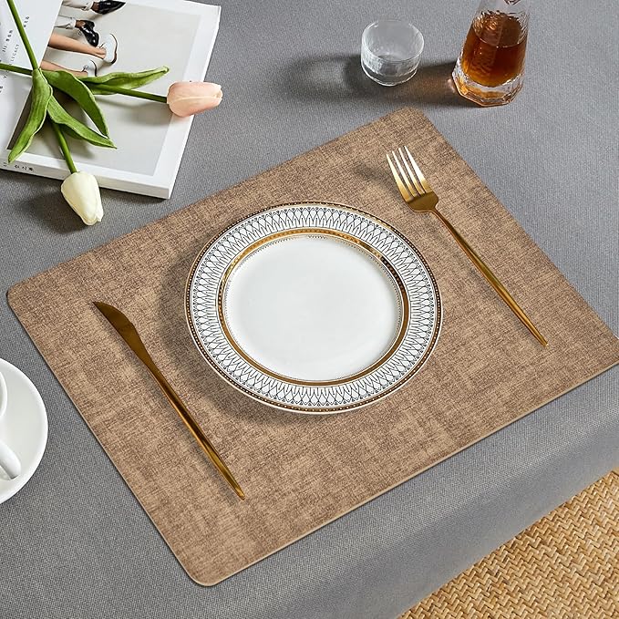 Faux Leather Placemats Set of 6, Heat Resistant Wipeable Washable Vinyl Place Mats, Waterproof Anti-Slip Dining Table Mats, Suitable for Indoor & Outdoor Use (Light Brown)