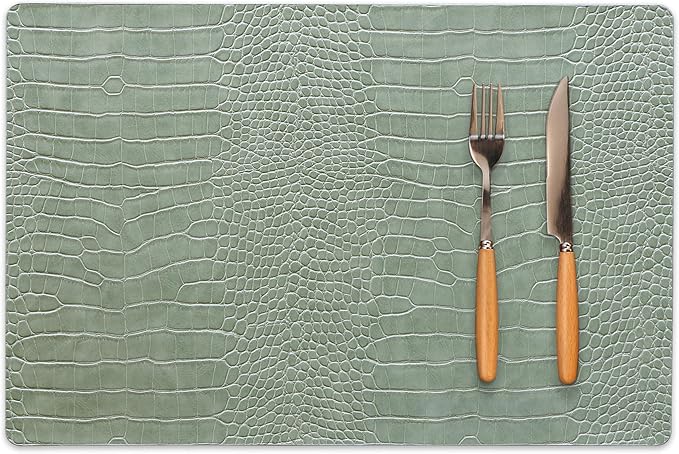 Jovono Faux Leather Placemats Set of 8, Waterproof Heat Resistant Dinner Place Mats for Dining Table, Non-Slip Crocodile Embossed, Green (17.8x11.8 Inch)