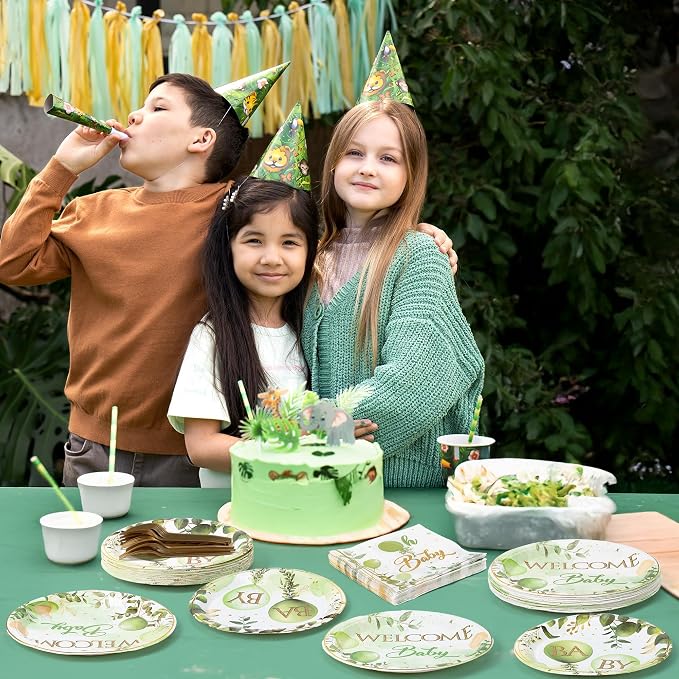 96Pcs Welcome Baby Greenery Baby Shower Sage Green Balloon Party Plates - Image 6