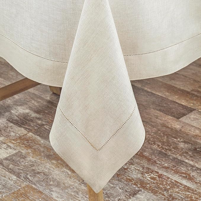 D'Moksha Homes Light Natural Linen Tablecloth 60 x 120 Inch - 100% Pure Linen Hemstitch Tablecloth for Rectangle Tables - Classic Hemstitch, Machine Washable Table Cloth for Valentines, Easter