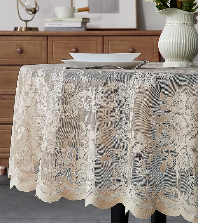 Warm Home Designs 120 Inch Round Tablecloth with English Rose Design. Use as Circle, Rustic, Elegant Lace Table Cloth. Linen Gold Table Cloth for 10-12 Guests. LTC Linen 120