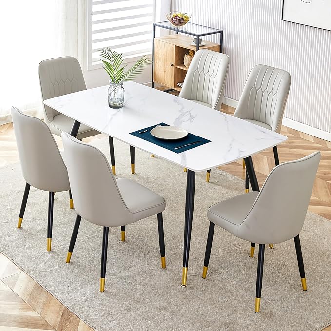 7 Piece Dining Table Set, Dinner Table Set for 6, Sintered Stone Kitchen Table Top and Modern Chairs Set of 6 for Kitchen Dining Room