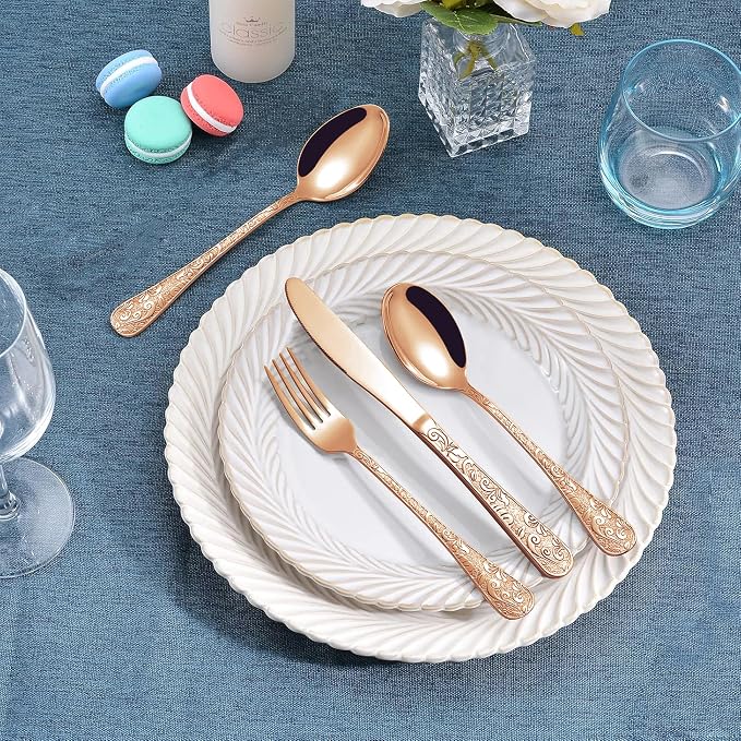 Runfly Vintage Carved Rose Gold Stainless Steel 20-Piece Flatware Set | - Image 6