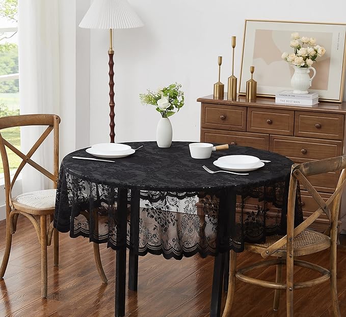 Warm Home Designs 90 Inch Round Tablecloth with English Rose Design. Use as Circle Tablecloth, Rustic Tablecloth or as Elegant Lace Table Cloth. Black Table Clothes for 6-8 Guests. LTC Black 90"