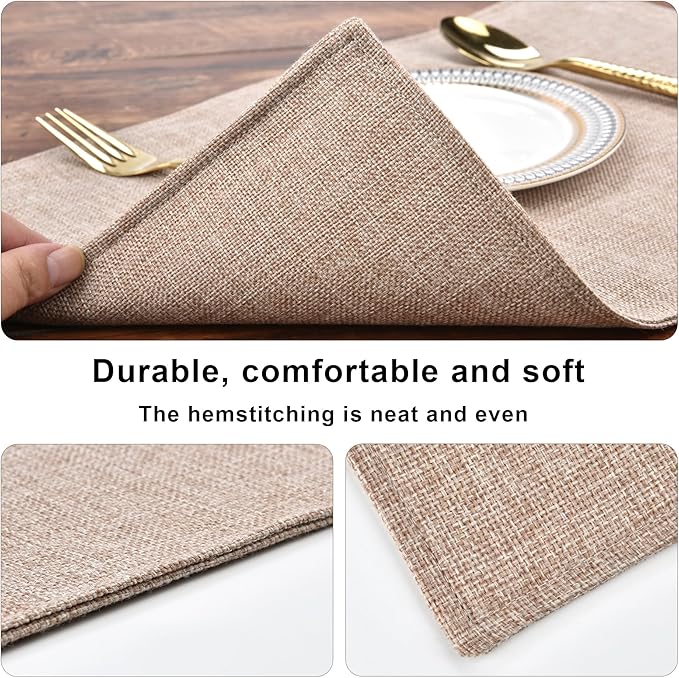 SLKQG Linen-Look Placemats Set of 6, Heat Resistant & Machine Washable Double-Layered Cloth Placemats for Dining Table, Indoor/Outdoor Use, Non-Slip Kitchen Table Mats (6, Natural Linen)