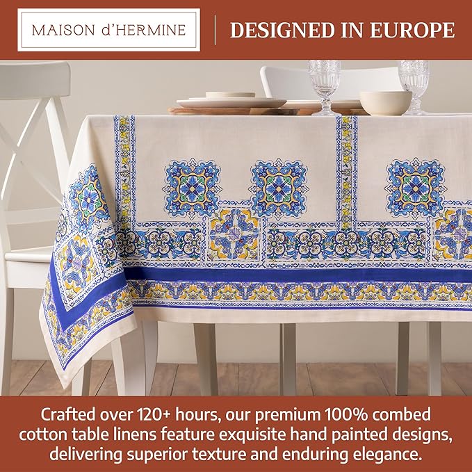 Maison d' Hermine Premium Table Cloth Rectangle Table 100% Combed Cotton 90 x 70 Inches Tablecloth Reusable Decorative for Dining Room, Farmhouse, Home, Party, Festive & Wedding - Sciacca