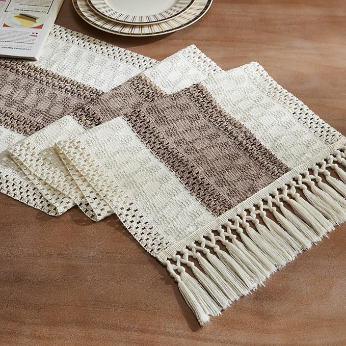 Macrame Style Bicolor Stitching Table Runner 14x60in Cocoa Brown | Woven Boho by ZEEMARTONLINE