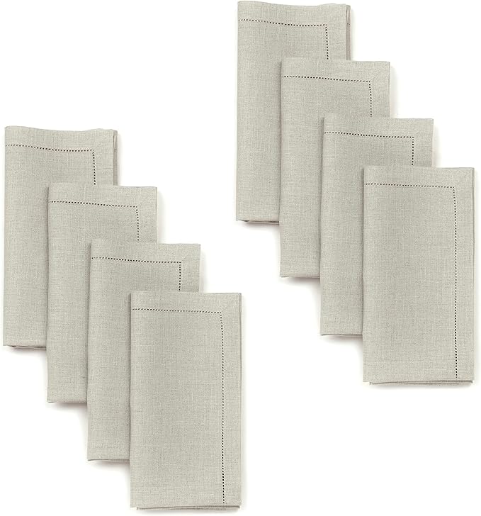 D'Moksha Homes Natural Linen Napkins Set of 8 - Classic Hemstitch 100% Pure Linen Hemstitch Dinner Napkins 20 x 20 Inch for Valentines, Spring, Easter - Handcrafted and Machine Washable