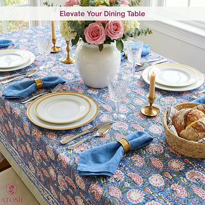 ATOSII Clover Pink 100% Cotton Rectangle Boho Fall Tablecloth, Handblock Floral Table Cloth Linen for Kitchen Dining I Parties Wedding Outdoors Christmas Thanksgiving I 72 X 120 Inches I 10 Seater