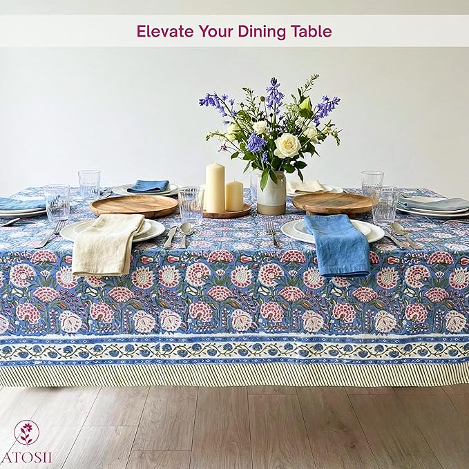 ATOSII Clover Pink 100% Cotton Fall Tablecloth, Handblock Print Rectangle Table Cover for Kitchen Dining Linen I Parties, Weddings, Outdoors, Easter Table Cloth Decor 60 X 108 Inches I 8 Seater