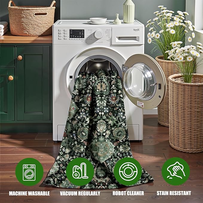 Dark Green Runner Rug 2x4 Rugs Boho Small Washable Runner Rugs for Entryway Bathroom Kitchen, Small Rugs Soft Low Pile Non-Slip Rubber Backing Oriental Door Mat