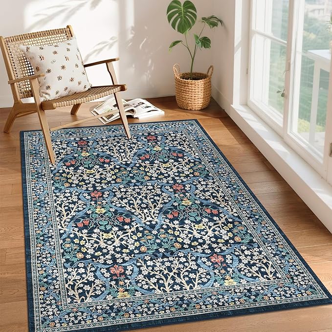 GarveeHome Floral 3x5 Area Rugs for Entryway, Washable Kitchen Rug Non Slip, Low Pile Bedroom Rug, Ultra Soft Stain Resistant Small Carpet for Laundry Room, Dark Blue
