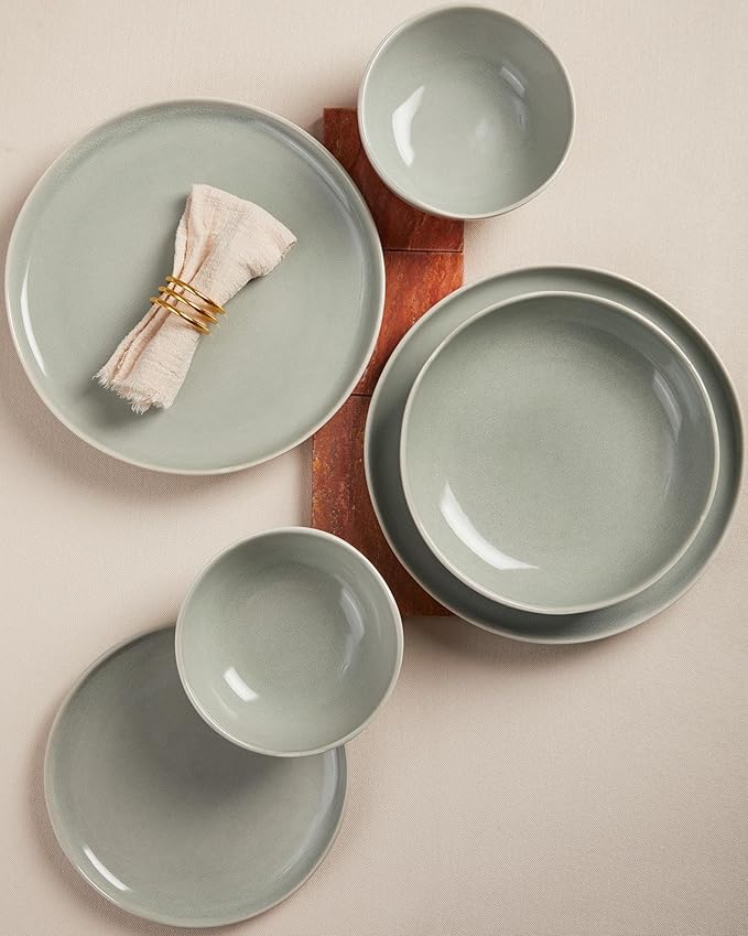 32 Piece Dinnerware Set for 8 with Pasta Bowls, Gray Green Reactive Glaze Stoneware | All‑in‑One Host Set for Entertaining, Holiday Meals, Multi‑Course Dish Set | Unique Irregular Look