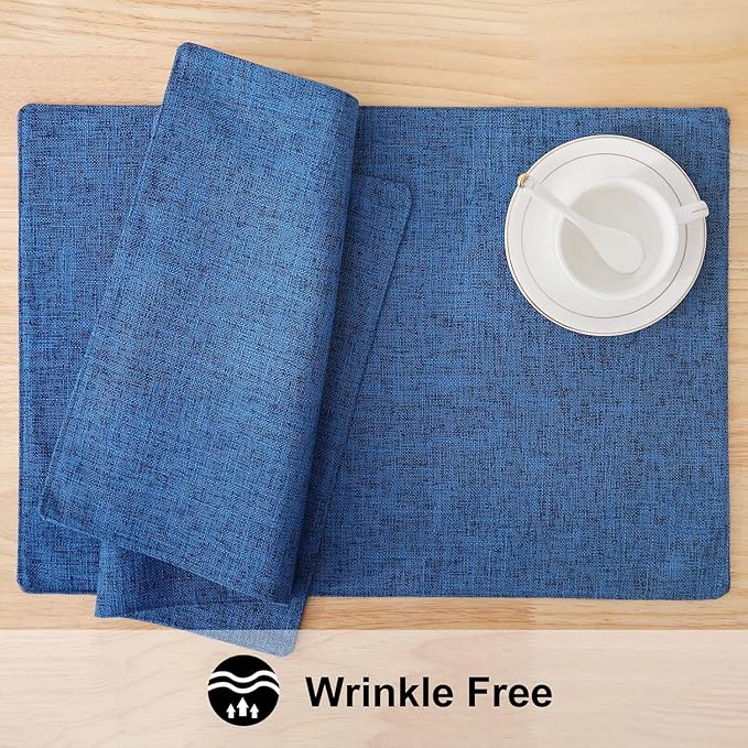 homing Cotton Linen Placemats Set of 4, Cloth Washable Farmhouse Dining Table Mats for Indoors & Outdoors, Easy to Clean, Navy Blue, 13 x 19 Inch