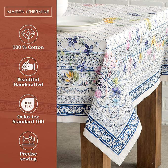 Maison d' Hermine Table Cloth Rectangle Table 100% Cotton 60 x 108 Inches Tablecloth Reusable Decorative for Dining Room Farmhouse Home Valentines Day Decorations Spring Summer - Faience