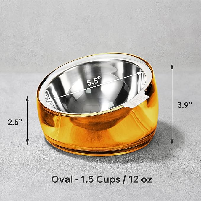 Felli Pet Oblik Acrylic Raised Dog Food Water Bowl Stainless Steel Slanted Oval Dish for Short Leg Puppy & Small Medium Pet, Elevated Tilted Metal Feeder(Gold, 1.5 Cups Oval Dish)