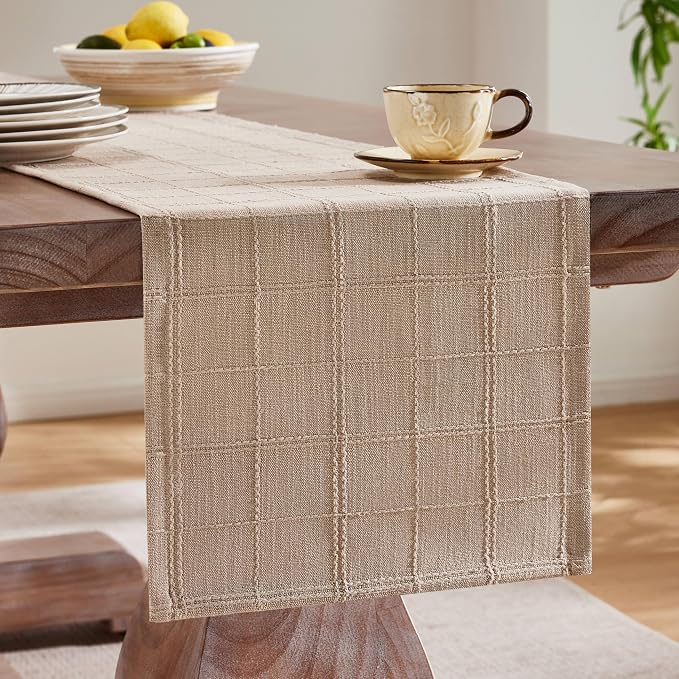 Linen Checked Farmhouse Table Runner, 13x108 Inches Taupe | Raised Grid Design - Image 4