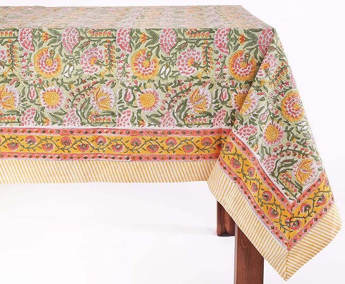 ATOSII Clover Green 100% Cotton Rectangle Fall Tablecloth, Handblock Floral Print Linen Table Cloth for Kitchen Dining I Parties, Weddings, Outdoors, Easter I Home Decor 60 X 60 Inches I 4 Seater