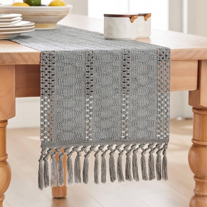 Macrame Style Boho Table Runner, 12x108 Inch Grey | Woven Boho Table Runner - Image 7
