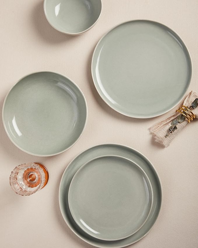Plates and Bowls Sets, 16 Pieces Dinnerware Set for 4 with Pasta Bowls, Handmade Dishes Set, Chip Resistant Dishware Sets, Microwave Safe Dinner Set, Designed for Interactive Meals, Gray Green