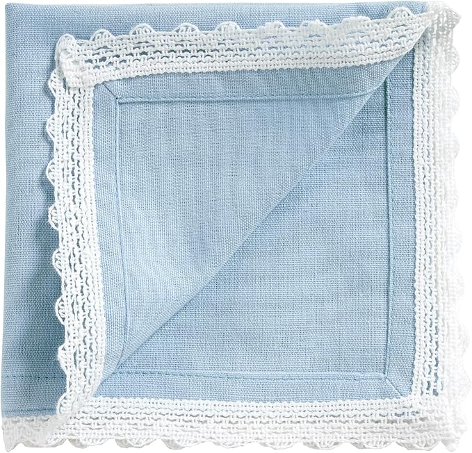 Fingercraft Dinner Cloth Napkin Cotton Linen Blend 12 Pack 12In Mitered Corners with Elegant Lace for Everyday Use Napkins Cloth are Pre Shrunk and Good Absorbency Sky Blue