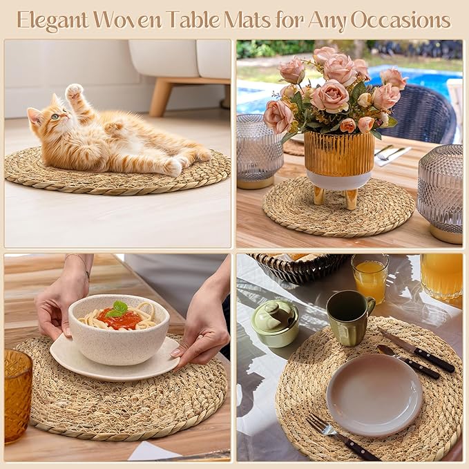 Aneco 4 Pack 13.8-Inch Round Woven Placemats Natural Hand-Woven Boho Rattan Wicker Bulrush Placemat Farmhouse Rustic Braided Table Mats for Dining & Kitchen Decor