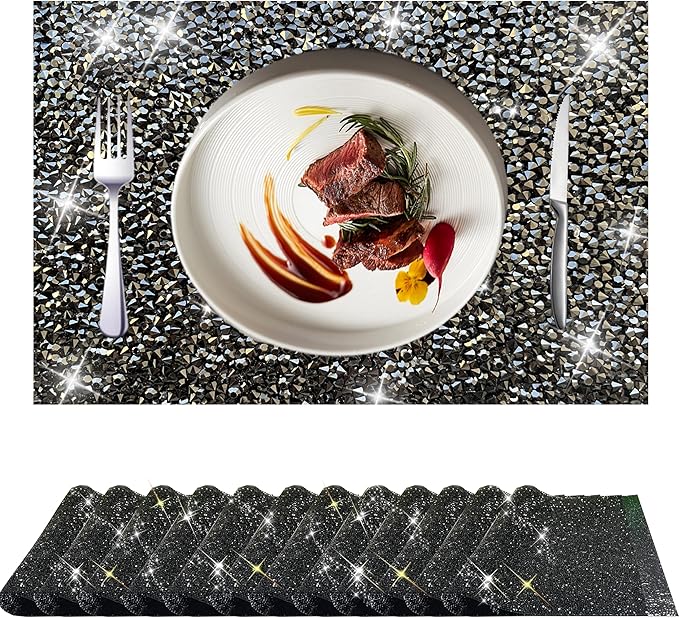 Black Square Placemats - Heat Resistant, Rhinestone Decor, Set of 12