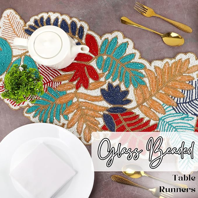 Beaded Table Runner 13x36 in, Leaf Design, Glass Beads | Hand-applied glass - Image 2