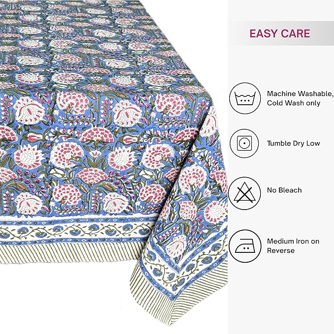 ATOSII Clover Pink 100% Cotton Fall Tablecloth, Handblock Print Rectangle Table Cover for Kitchen Dining Linen I Parties, Weddings, Outdoors, Easter Table Cloth Decor 60 X 108 Inches I 8 Seater
