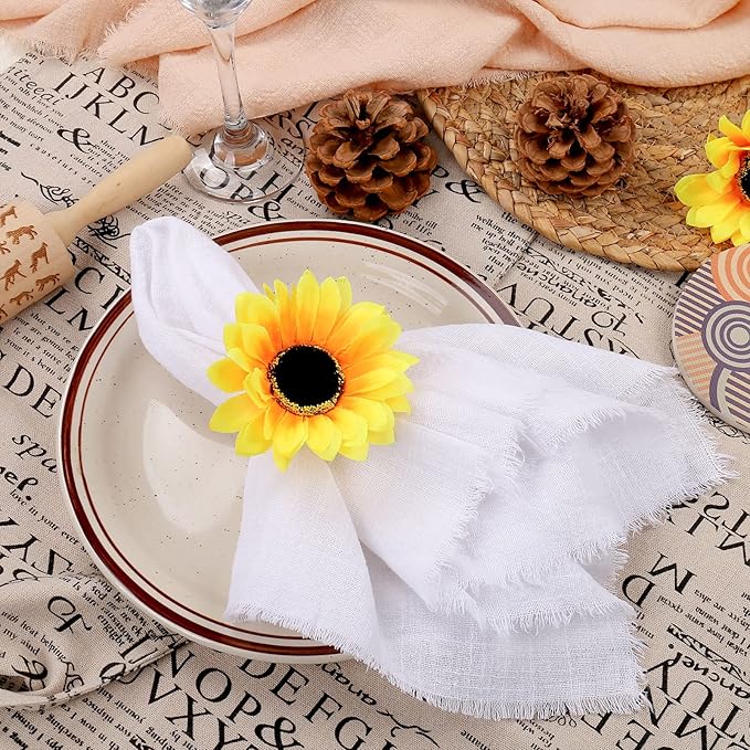 Flower Napkin Rings Set of 6, Handmade Sunflower Napkin Ring Holders, Plant Napkin Holders, Floral Serviette Buckles for Valentine, Weddings, Thanksgiving, Parties Table Settings Decor