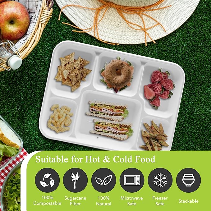 three leaf 6 Compartment Bagasse Tray 100 Ct. Heavy Duty, Super Strong,Eco Friendly Disposable Bagasse Plates,100% Biodegradable Plates, Microwave and Freezer Safe, Ideal for Party, Dinner and Picnic