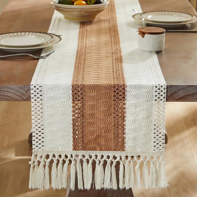Macrame Style Bicolor Stitching Table Runner 14x48in Caramel | Woven Boho Table - Image 3