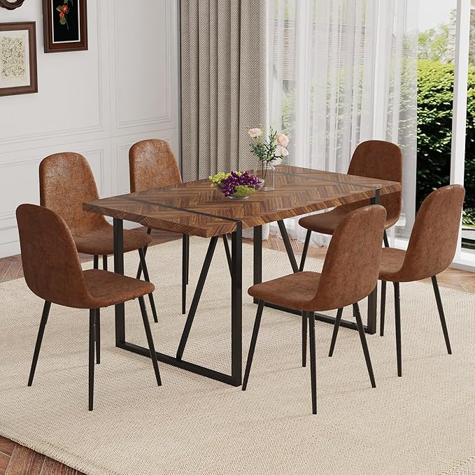 Dinner Table Set for 6, Modern 55'' Wood Dining Table with Fabric Dining Chairs Set of 6,Dining Room Sets for 6,Ideal for Kitchen Dining Room