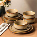 TheTerra Ceramic Dinnerware Sets for 4, 12 Pieces Handmade Reactive Glaze Plates and Bowls Set, Scratch Resistant Dish Set, Oven & Microwave & Dishwasher Safe, Creamy Amber