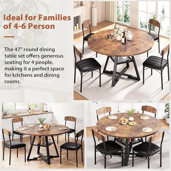 Round Dining Table Set for 4, Kitchen Table and Chairs for 4, Circle Table Round Pedestal Dining Room Dinner Dinette Table Set,5 Piece Space Saving Wood Kitchen & Dining Room Tables Set Furniture