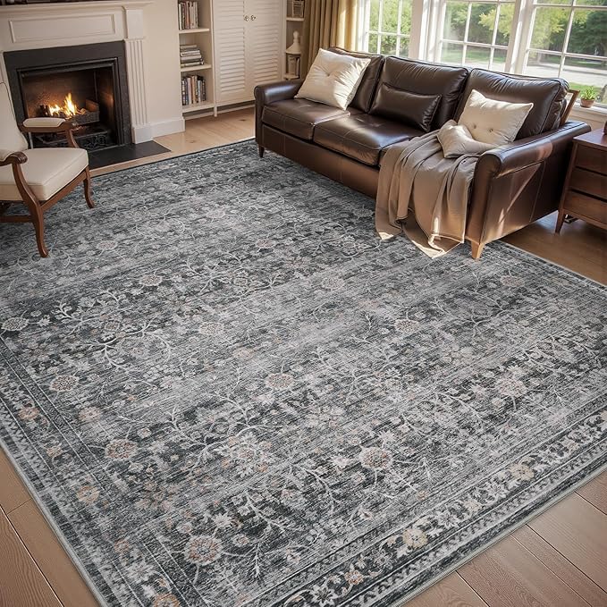 MontVoo-Vintage Area Rug 6X9 Grey Rugs for Living Room-Soft Distressed Printed Rugs for Bedroom-Non Slip Carpet-Machine Washable Rug for Dining Room Living Room Bedside Office