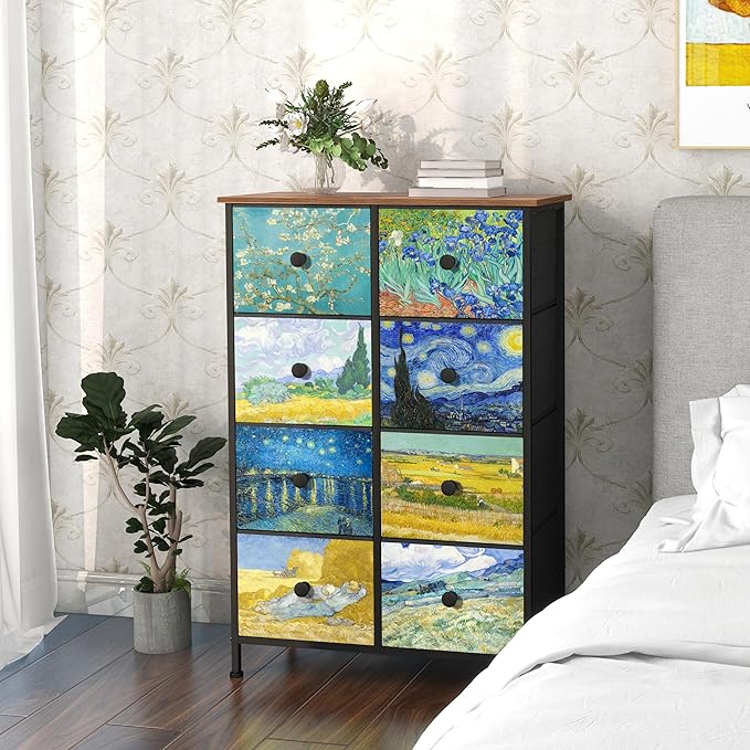 EXOTICA Tall Dresser with 8 Drawer for Bedroom Narrow Van Gogh Chest of Drawers for Hallway Closet Living Room Steel Frame Rustic Brown Wood Grain Wood Top