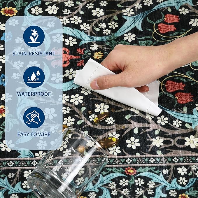 GarveeHome Kitchen 2x6 Runner Rug, Floral Washable Rugs for Hallways Non Slip Stain Resistant, Boho Soft Rug Botanical Carpet for Entryway, Laundry Room, Bedroom Floor Mat, Black