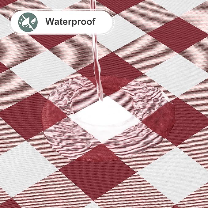 misaya Round Waterproof Vinyl Table Cloth, Buffalo Flannel Backed Tablecloth, Wipeable Plastic Table Cover for Valentine's Day, Dinner, Kitchen, Outdoor (60", Burgundy and White)