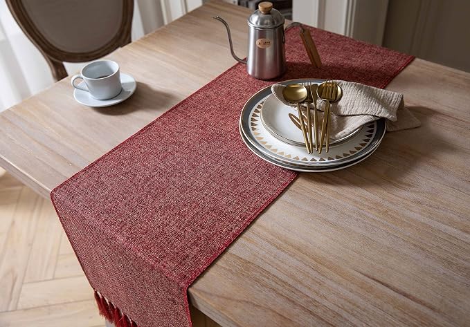 Red Table Runners 108 Inches Long, Burlap Linen Style Rustic Farmhouse Table - Image 4