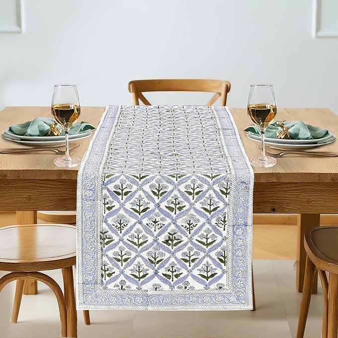 Light Steel Blue Hand Block Print 100% Cotton Table Runner 16x90 Inch | Perfect by Ridhi