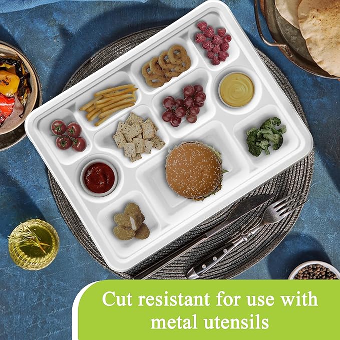 three leaf 11 Compartment Bagasse Rectangular Plate, 25 Ct. PFAS-Free, Heavy Duty, Sugarcane Fiber, Eco Friendly Disposable, 100% Biodegradable, Microwave and Freezer Safe, Ideal for Lunch, Buffet
