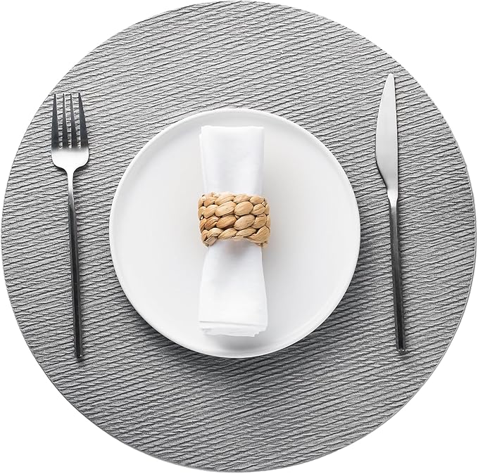 Jovono 15" Faux Leather Big Round Placemats Set of 4 - Washable Heat Resistant Non-Slip Dining Table Mats with Fabric Texture for Kitchen Home Party Decor, Light Gray