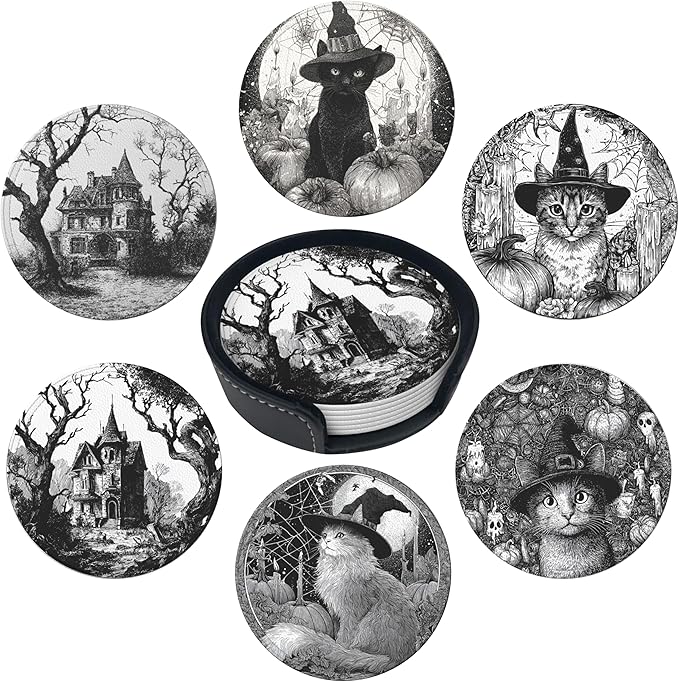 Halloween Cat Coasters Leather Round Drink Coasters 6 Pcs Set with Holderor for Cup Drink Coffee Table Bar Home Decor