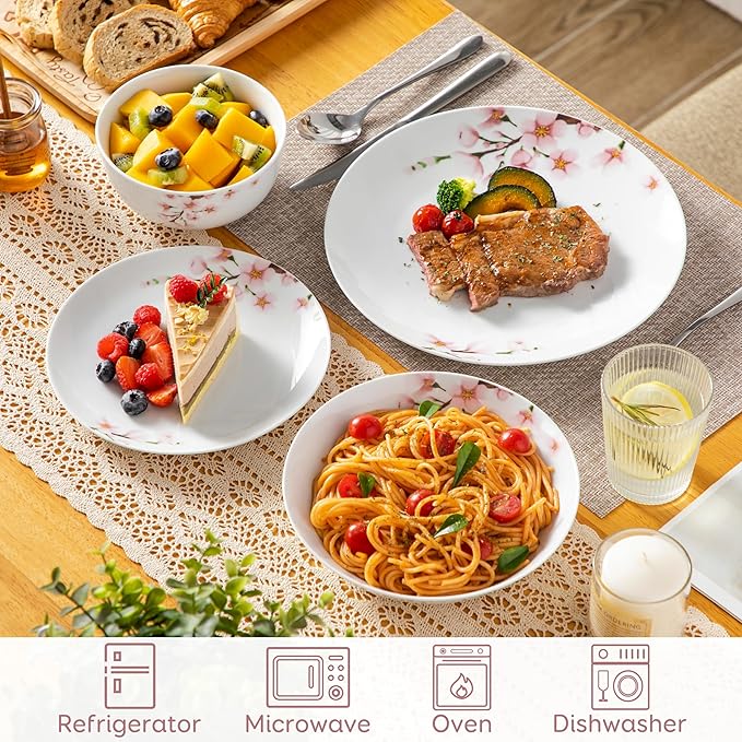 VEWEET Dinnerware Sets for 6, 24 Pieces Porcelain Plates and Bowls Set with Pink Floral, Classic Dishes Set Dining Ware for Dinner, Microwave Dishwasher Safe, Series ANNIE