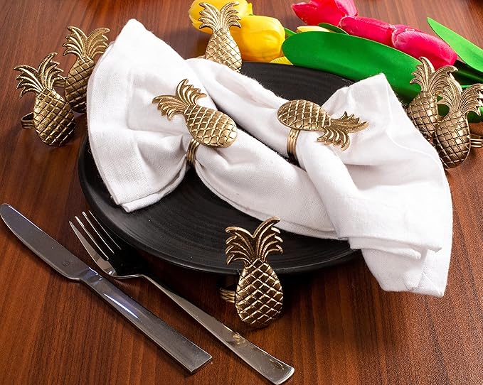 ALPHA Living HOME Set of 12 Napkin Rings Pineapple Antique Gold Bulk Elegant Napkin Rings Thanksgiving Christmas Napkin Holder Handmade Buckles Rings for Farmhouse Table Decor Harvest Wedding Party