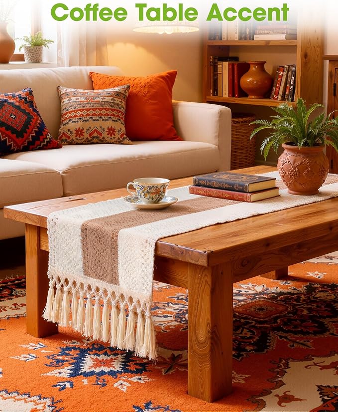 Pureegg Boho Table Runner 12 x 72 Inch, Woven Tassel Design | Dining Table - Image 7