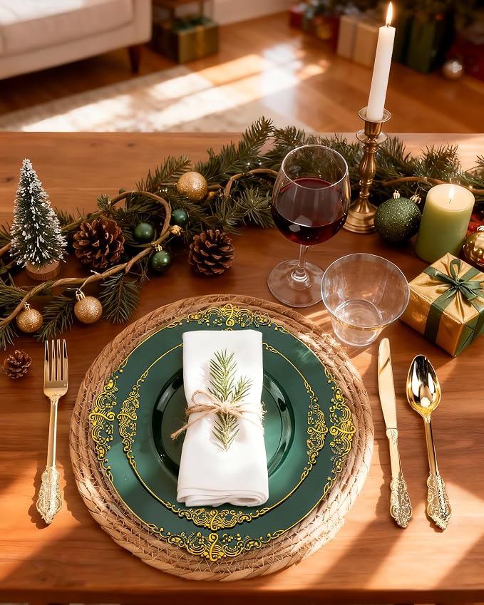Nervure 350Pcs Green Plastic Plates, Plastic Dinnerware Set - Image 9