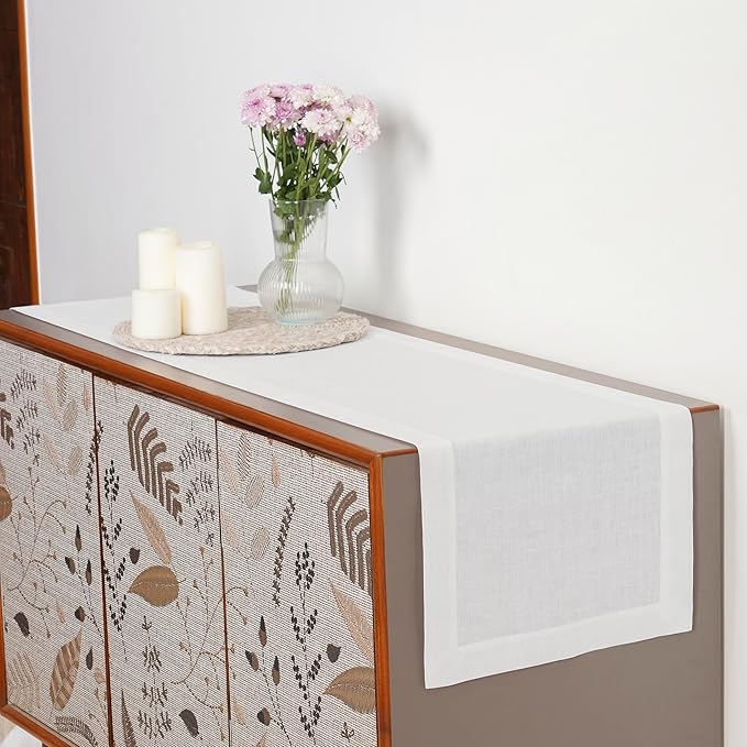 D'Moksha Homes Linen White Table Runner 48 Inches - 100% Pure Linen Table Runner 14 x 48 Inch for Coffee Tables, Dresser, Valentines, Spring, Easter - Machine Washable