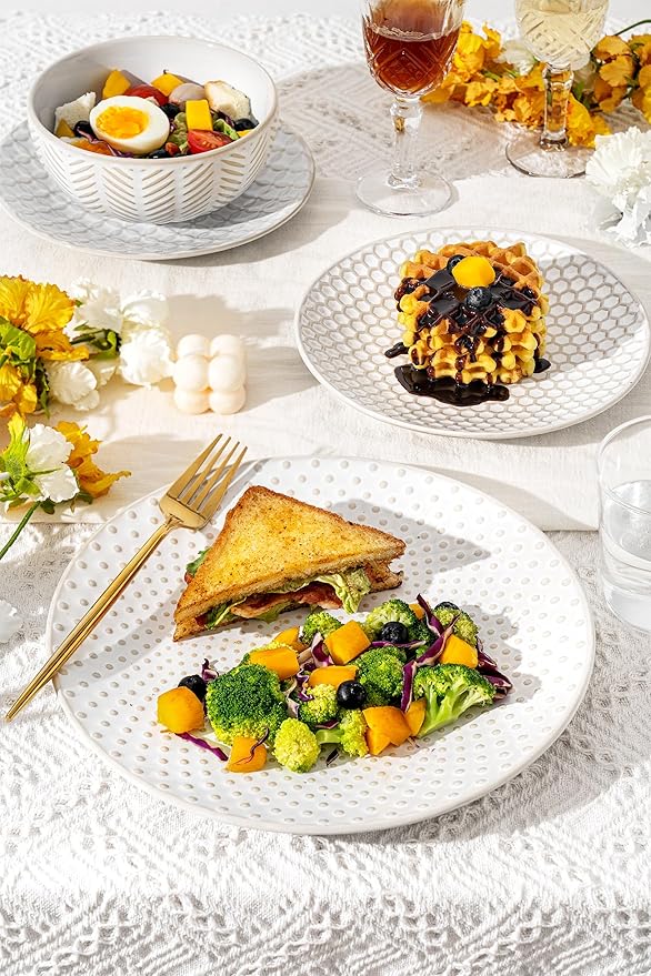 12 Piece Embossed Dinnerware Sets for 4, Elegant Plates and Bowls Sets, Microwave & Dishwasher Safe, Stoneware for Stylish Home Dining–Perfect Housewarming Gift for Busy Families & Hostesses